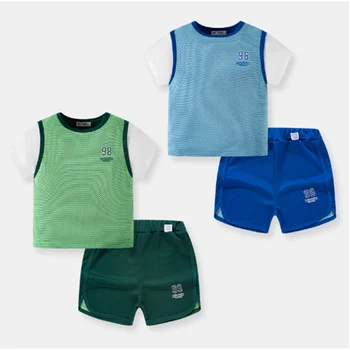 2023 новые детские повседневные цветные блокирующие шорты-двойки с короткими рукавами, спортивный костюм для мальчиков, детская корейская версия new tide