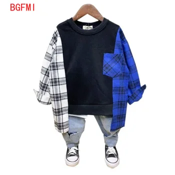 Модный клетчатый свитер в стиле пэчворк для маленьких мальчиков, Весенне-осенняя хлопковая рубашка 2022, Новая Корейская повседневная нижняя рубашка, Подростковый топ с длинными рукавами