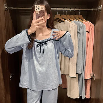 Пижама Женская однотонная пижама, комплект из 2 предметов, синяя хлопчатобумажная пижама с длинным рукавом и штаны, пижамы, пижамы для сна