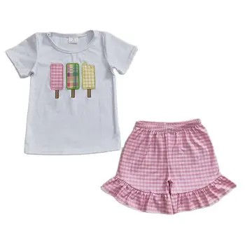Оптовая Продажа, Летний комплект для маленьких девочек, Хлопковая футболка с короткими рукавами 