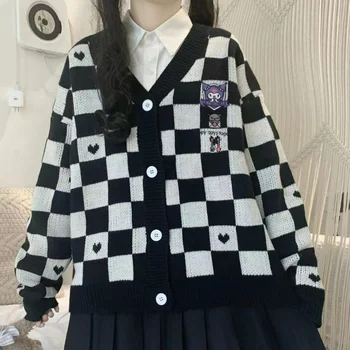 V-образный вырез, длинный рукав, клетчатая верхняя одежда контрастного цвета в стиле пэчворк, милый японский опрятный кардиган Y2k, однобортный свободный свитер