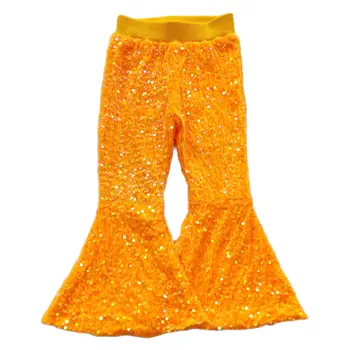 Для детей, девочек, блестящие неоново-желтые брюки с блестками, полноразмерные танцевальные брюки, от 1 до 14 лет, детские блестящие расклешенные брюки 2023, новинка