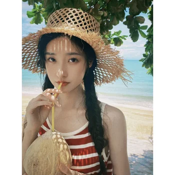 Соломенная шляпа ручной работы, женская летняя пляжная шляпа для отдыха на море, абажур для фотосъемки, сетчатая красная солнцезащитная шляпа с большими полями