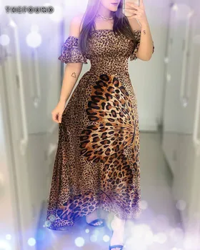 2020 Новое леопардовое платье Женское Шифоновое Длинное пляжное платье Свободного силуэта с открытыми плечами Сексуальное вечернее платье Летнее повседневное платье