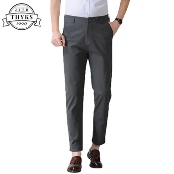 Мужские повседневные брюки из 100% хлопка, простые легкие деловые прямые брюки-труба, 9-точечные облегающие Модные мужские брюки-карго