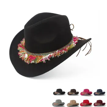 2019, модная женская шерстяная ковбойская шляпа в западном стиле, женское черное сомбреро с кисточками, Джазовая кепка, Размер 56-58
