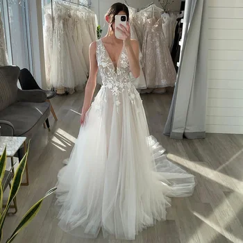 Сексуальное свадебное платье трапециевидной формы с V-образным вырезом 2024, свадебное платье с кружевной аппликацией, шлейф в часовне, Длинное вечернее платье невесты с открытой спиной, женское праздничное платье