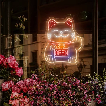 Открытая неоновая вывеска Lucky Cat с изображением животного, изготовленная на японском заказ Неоновая подсветка для бара, кафе, магазина, вывеска, художественное оформление стен, светодиодная подсветка