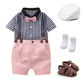 Одежда для новорожденных мальчиков 0-18 месяцев Черно-белый Клетчатый комбинезон со шляпой И обувью, костюм для новорожденных, летние Юбилейные наряды для малышей, комплект для малышей
