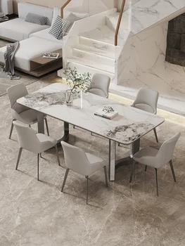 минималистичный стол из серой стальной пластины, современная простая прямоугольная комбинация стола и стула от дизайнера ресторана высокого класса