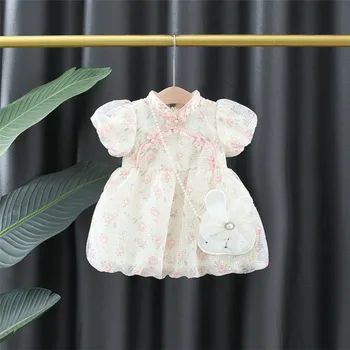 Милая одежда для девочек, Детское платье принцессы, Летнее Платье с коротким рукавом для младенцев, Платья Flora Qipao, Vestidos ADK2558