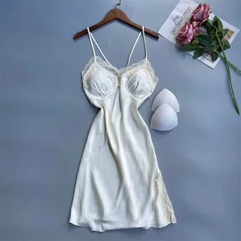 Сексуальная ночная рубашка на подтяжках с V-образным вырезом, женское короткое атласное платье для сна, домашний халат с открытой спиной, повседневная пижама, кружевная ночная рубашка