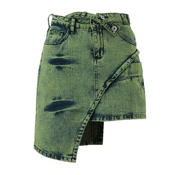 Женская джинсовая юбка 2023 Новая Мини-юбка из зеленого денима с неправильной маркировкой, Старая Выстиранная, Бесплатная доставка