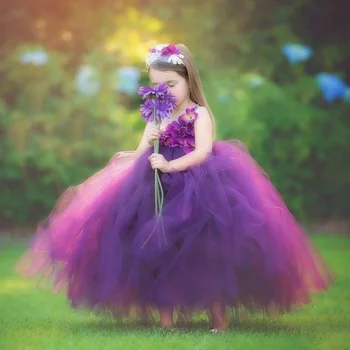 Платье-пачка феи с фиолетовыми лепестками для девочек, детское платье из цветочного тюля, бальное платье с бантом на голове, комплект детских костюмов для вечеринки по случаю дня рождения, платья