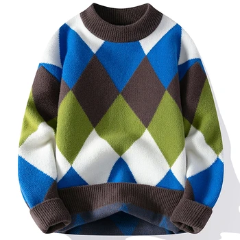 2023 Новый Осенне-зимний Толстый Теплый Кашемировый свитер Harajuku Для мужчин, Высококачественный мужской Рождественский джемпер, Модный пуловер из аргайла, свитера