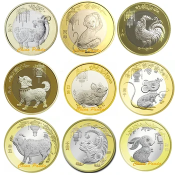 Китай, 2015-2023 Год Козы - Кролика, Оригинальная Памятная Биметаллическая Монета Зодиака 10 Юаней для Коллекции, Обезьяна, Свинья, Собака, Петух