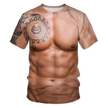 Летняя новая интересная мужская футболка с 3D-принтом, крутая уличная спортивная одежда для фитнеса с искусственными мышцами пресса, плюс размер с коротким рукавом. XS-6XL