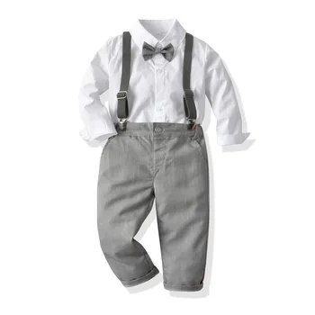 Детская Одежда для малышей, белая рубашка с длинным рукавом + серые брюки, комплект костюмов для мальчиков, 4 предмета, комплекты детских осенних официальных костюмов
