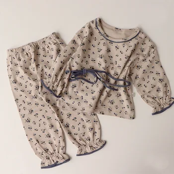 Детские пижамные комплекты в корейском стиле, топы с цветочным принтом, Штаны, 2 предмета, Милые хлопковые пижамы для маленьких девочек.