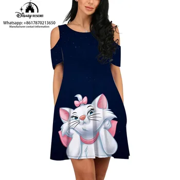 Новая женская туника с коротким рукавом бренда Disney Marie the Cat с аниме принтом Длиной до колен, Элегантное Летнее модное повседневное платье с круглым вырезом