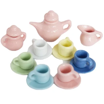 Посуда для кукольного домика 1: 12, Фарфоровые миниатюрные чайные наборы, Мини-чайник, кофейная тарелка, Миниатюрный набор чайных чашек, Фарфоровая столовая посуда 15 шт.