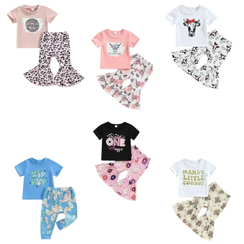 Детская Верхняя одежда из 2 предметов для маленьких девочек, модные футболки с короткими рукавами и буквами + расклешенные штаны с леопардовой головой, комплект повседневной одежды для малышей