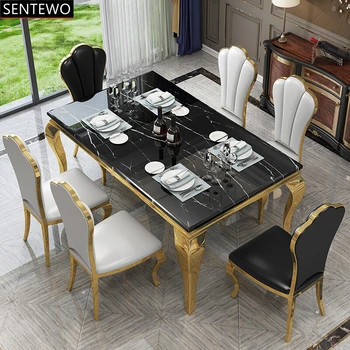 Популярный Роскошный мраморный кухонный обеденный стол, 8 обеденных стульев, набор обеденных столов в золотой раме из нержавеющей стали, стул stolik esstische