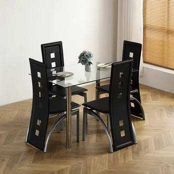 Столовый набор из 5 предметов с 1 прозрачным обеденным столом из стекла и 4 черными стульями из ПВХ, современный столовый набор для кухни и столовой для завтрака