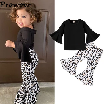 Prowow/ Осенне-зимняя детская одежда для девочек от 1 до 6 лет, комплекты одежды для девочек, пуловер с расклешенными рукавами, топ + леопардовые брюки, детская одежда для девочек