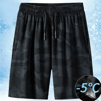 Мужские шорты из эластичной сетки Ice Silk, Летние дышащие камуфляжные быстросохнущие брюки, свободные тонкие шорты, пляжные спортивные короткие брюки 6XL