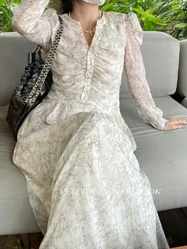 Шифоновое Длинное платье с V-образным вырезом и Цветочным Принтом, vestidos de mujer, вечернее платье с длинным рукавом, халат longue mousseline de soie floral