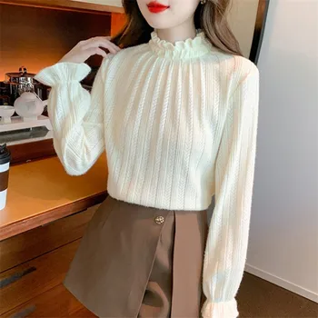 Женская кружевная блузка с длинным рукавом, осенне-зимняя теплая рубашка, Корейская мода, Элегантные блузки, топы, Blusa Mujer De 2022