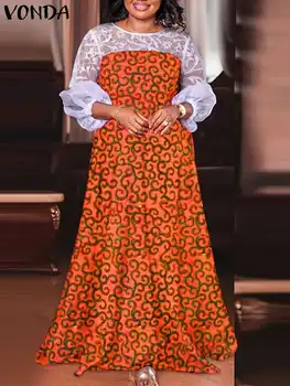 Богемное платье Макси с длинным рукавом-фонариком VONDA, женский кружевной Сетчатый Летний сарафан в стиле пэчворк 2023, Повседневный праздничный халат с принтом Femme
