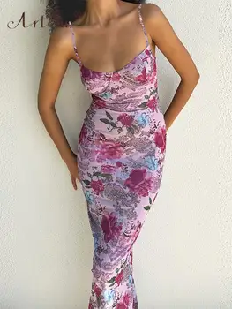 ArtSu Resort Wear Летние платья с цветочным принтом для женщин 2023 Новое Элегантное Сексуальное Облегающее длинное платье с открытой спиной, одежда для вечеринок ANDYDR2737