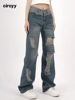 Рваные джинсы для женщин, джинсы с высокой талией, джинсовые брюки в стиле пэчворк, широкие брюки во всю длину, Весна 2023, Y2K, уличная мода
