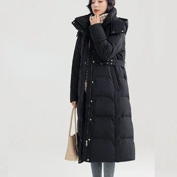 2023 Женская Зимняя Новая Корейская Однотонная Верхняя одежда с капюшоном, женские Утепленные Теплые Длинные Пальто, Женские Куртки на Белом Утином Пуху M140