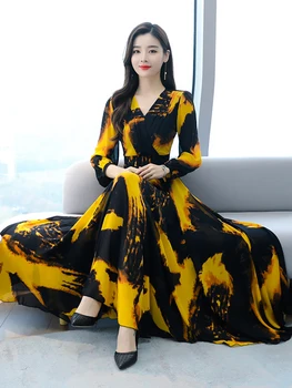 Женская одежда Желтое платье с длинным рукавом Весна 2023, Элегантное Шифоновое Макси с цветочным рисунком, Винтажные Повседневные вечерние платья для вечеринок.