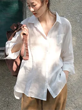 Женская рубашка Ramie, новинка 2023 года, весенне-летние модные повседневные топы, женская блузка с отложным воротником и пуговицами, простая универсальная блузка