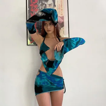 CUTENOVA/ Новый женский летний сексуальный костюм смешанного цвета, со свисающей горловиной, без спинки, камзол + Короткая юбка на бедрах с низкой талией + комплект нарукавников