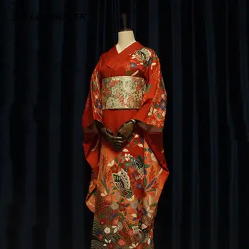 Женское красное платье-юката в японском стиле для девочек, вечернее платье с длинными рукавами и цветочным принтом в стиле ретро