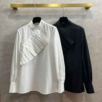 Новая белая хлопчатобумажная рубашка, женская рубашка с длинным рукавом и рюшами, Косой край спереди, модный дизайн, плиссированная рубашка