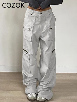 Винтажные Серые брюки-карго, женские Модные брюки 2023 с заниженной талией, множеством карманов, Широкие Мешковатые джинсы, Уличный стиль Y2K, размер Оверсайз
