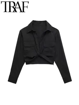 TRAF 2023 Весенние Новые Однотонные блузки для женщин, модные Винтажные Тонкие Элегантные женские рубашки с длинным рукавом, топы, Белая Черная Укороченная блузка