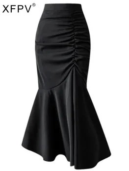 XFPV Элегантная юбка с гофрированными складками в виде сплошной оболочки, женская офисная женская упаковка, модные юбки-русалки, женская летняя новинка 2023 года, Tide SM6649