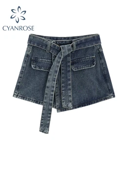 Женская джинсовая короткая юбка Y2k 2023, летние джинсовые юбки Harajuku, Корейская повседневная модная винтажная синяя мини-юбка трапециевидной формы с поясом
