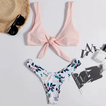 2023 Женский купальный костюм Сексуальное бикини с завязками спереди, пуш-ап, мягкие купальники с вырезом, однотонный Розовый купальный костюм, купальник Пляжная одежда