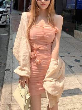 Однотонное Сексуальное Облегающее платье на бретелях, Женское Вечернее Элегантное Милое мини-платье Y2k, Пляжное Летнее Платье 2023, Повседневное Тонкое Цельнокроеное платье в Корейском стиле