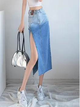 Женские джинсы с высокой талией, градиентный цвет, боковое отверстие jaag, сексуальные миди длинные облегающие юбки XSSML