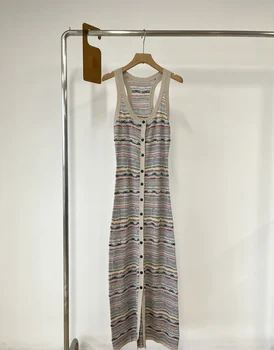 Винтажное полосатое однобортное платье без рукавов, относительно свободная юбка H-образной формы, повседневное и ленивое