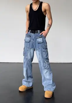 мужские и женские джинсовые комбинезоны в стиле ретро, выстиранные на хай-стрит, множество карманов, широкие штанины, модные джинсы в стиле хип-хоп, прямые брюки
